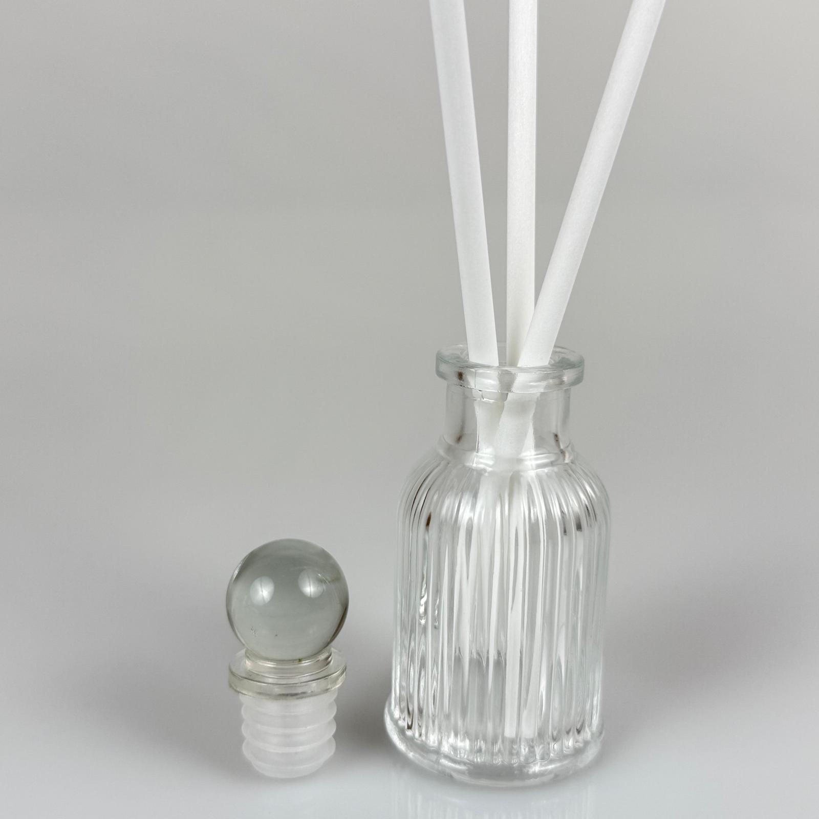 Çizgili Lüks Model Cam Bambu Oda Kokusu Şişesi + Cam Tıpa + 3 Adet Fiber Beyaz Bambu Çubuk - 50 Ml Set Takım - Hediyelik Promosyon Lüx Diffuser Şişeleri