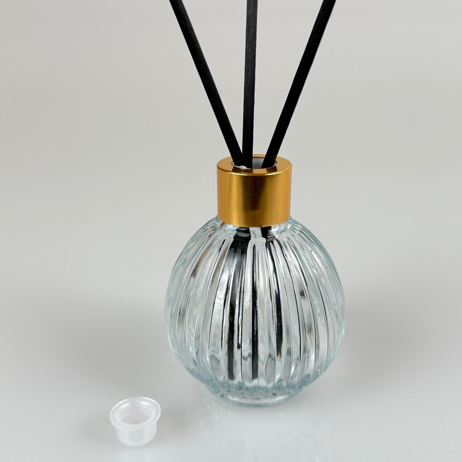 Çizgili Top Model Cam Bambu Oda Kokusu Şişesi + Metal Gold Kapak + Tıpa + 3 Adet Fiber Bambu Çubuk - 50 Ml Set Takım - Hediyelik Promosyon Diffuser Şişeleri