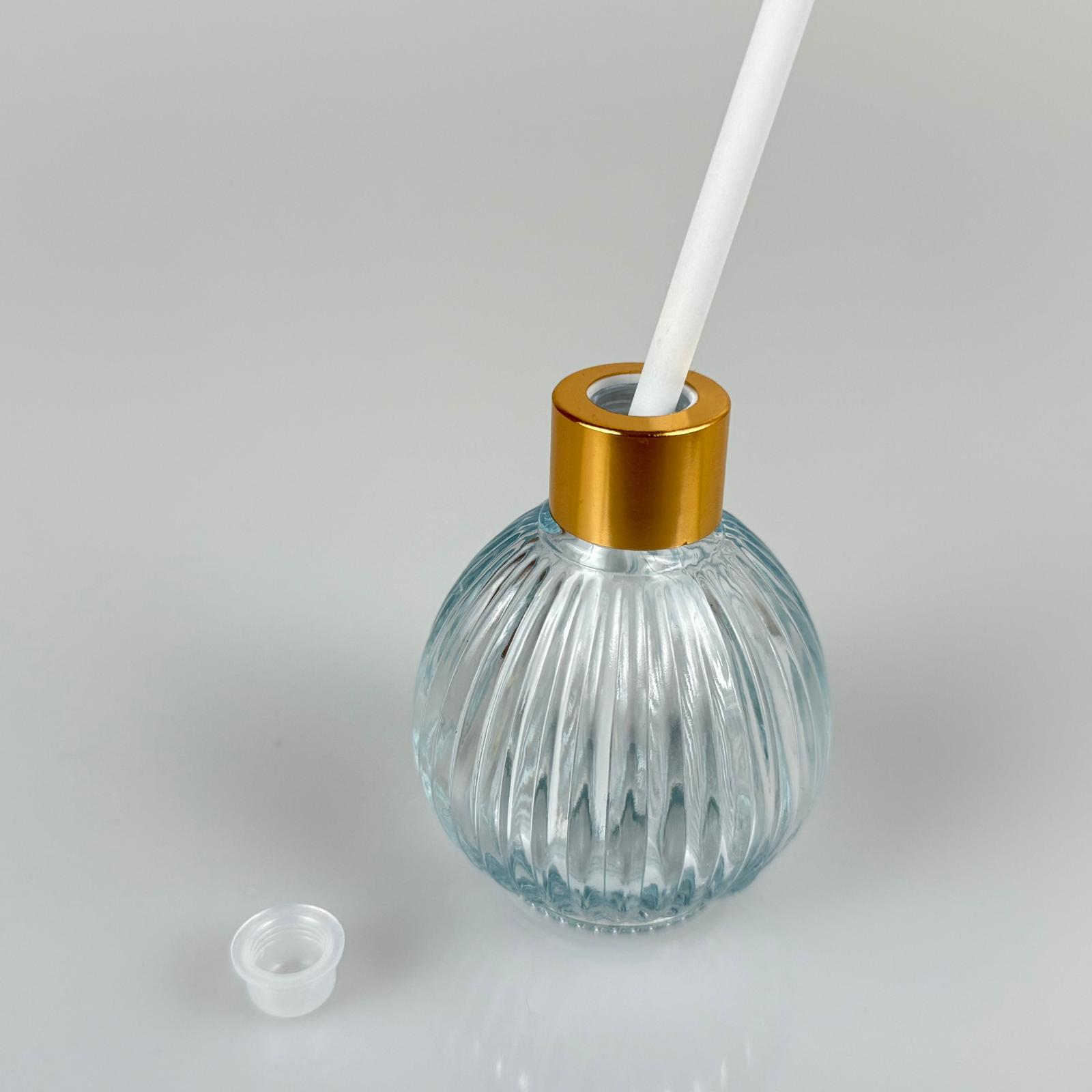 Çizgili Top Model Cam Bambu Oda Kokusu Şişesi + Metal Gold Kapak + Tıpa + Kalın Beyaz Fiber Bambu Çubuk - 50 Ml Set Takım - Hediyelik Promosyon Diffuser Şişeleri