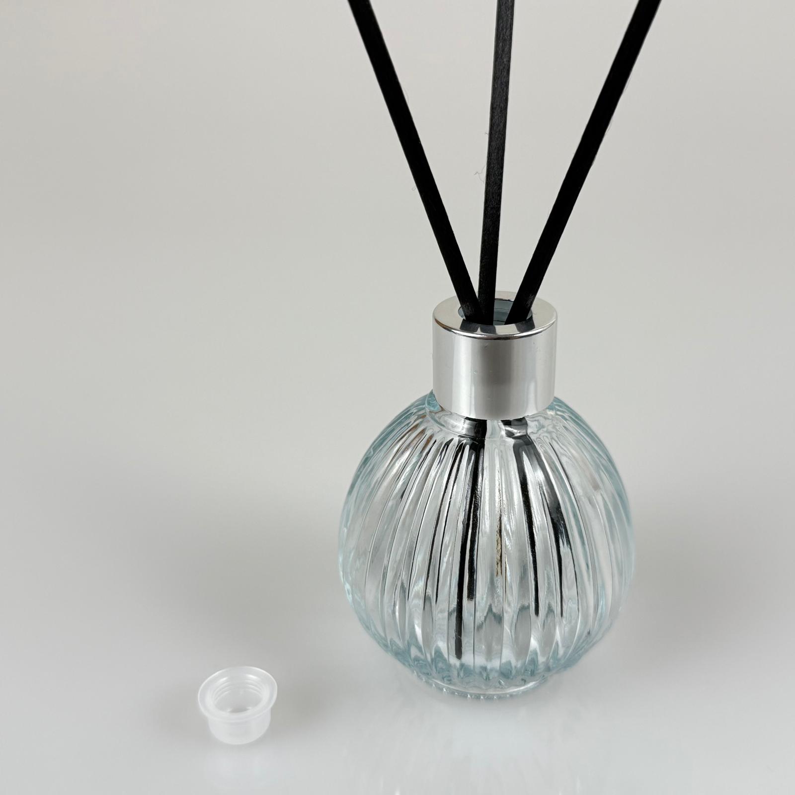 Çizgili Top Model Cam Bambu Oda Kokusu Şişesi + Metal Gümüş Kapak + Tıpa + 3 Adet Fiber Bambu Çubuk - 50 Ml Set Takım - Hediyelik Promosyon Diffuser Şişeleri