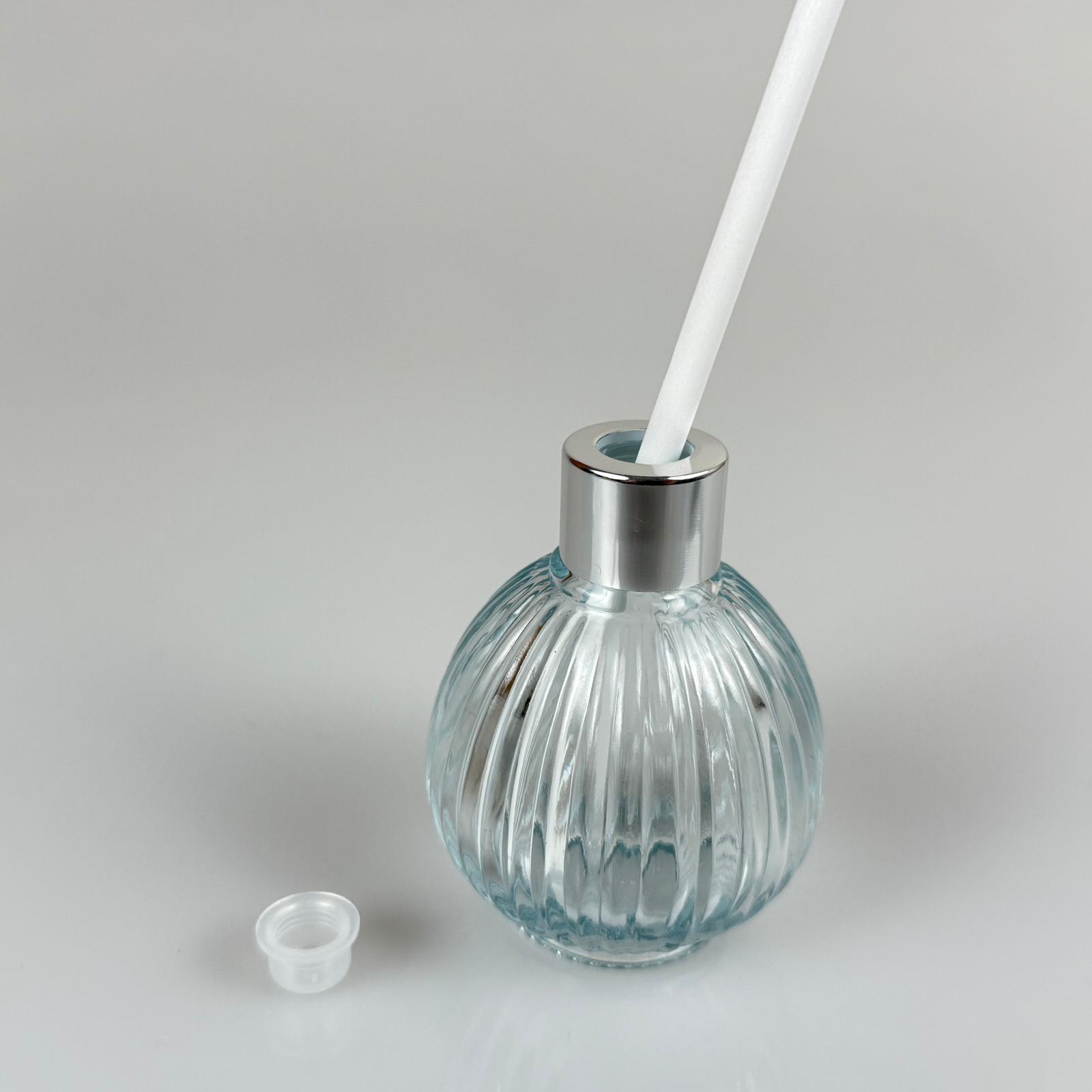 Çizgili Top Model Cam Bambu Oda Kokusu Şişesi + Metal Gümüş Kapak + Tıpa + Kalın Beyaz Fiber Bambu Çubuk - 50 Ml Set Takım - Hediyelik Promosyon Diffuser Şişeleri