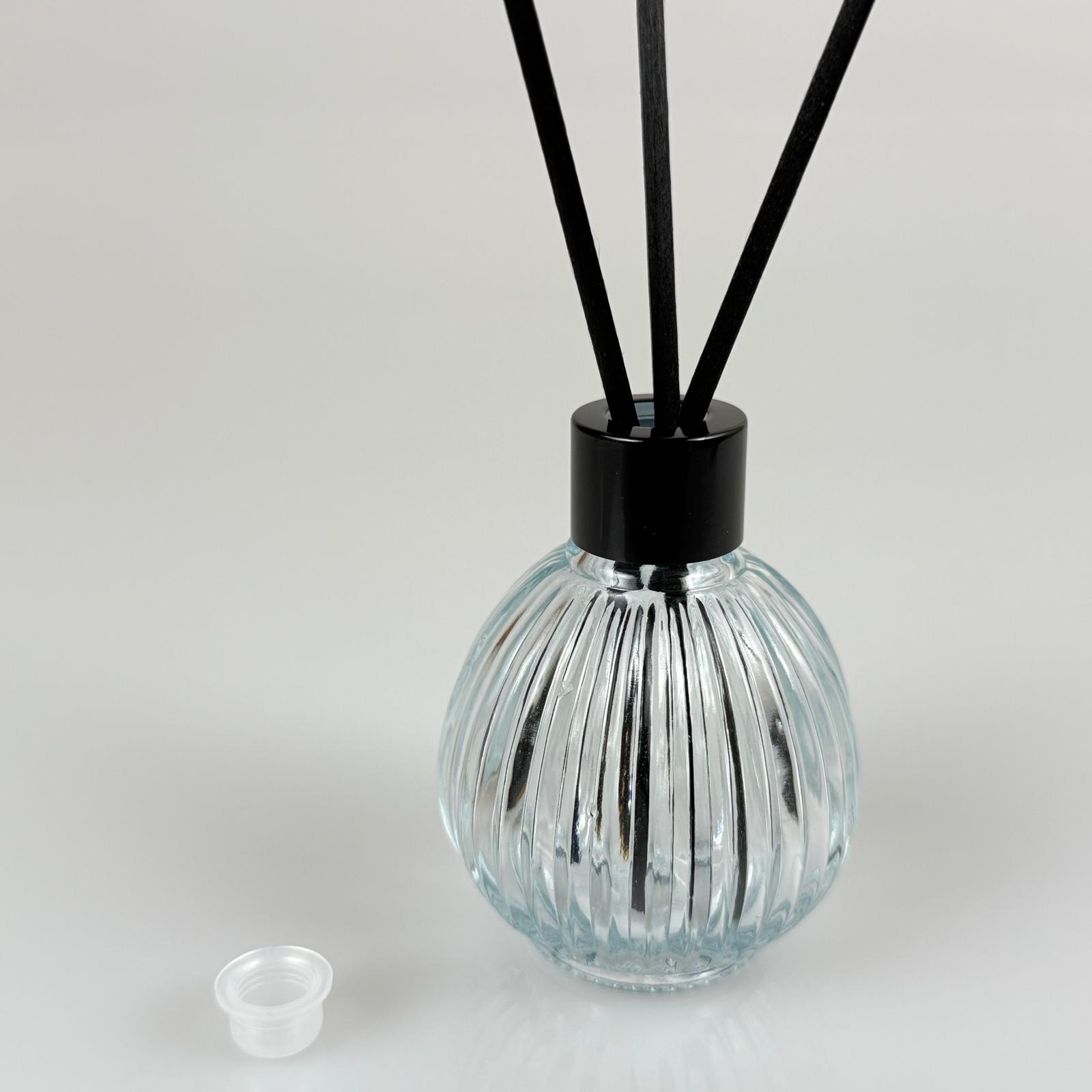 Çizgili Top Model Cam Bambu Oda Kokusu Şişesi + Metal Siyah Kapak + Tıpa + 3 Adet Fiber Bambu Çubuk - 50 Ml Set Takım - Hediyelik Promosyon Diffuser Şişeleri