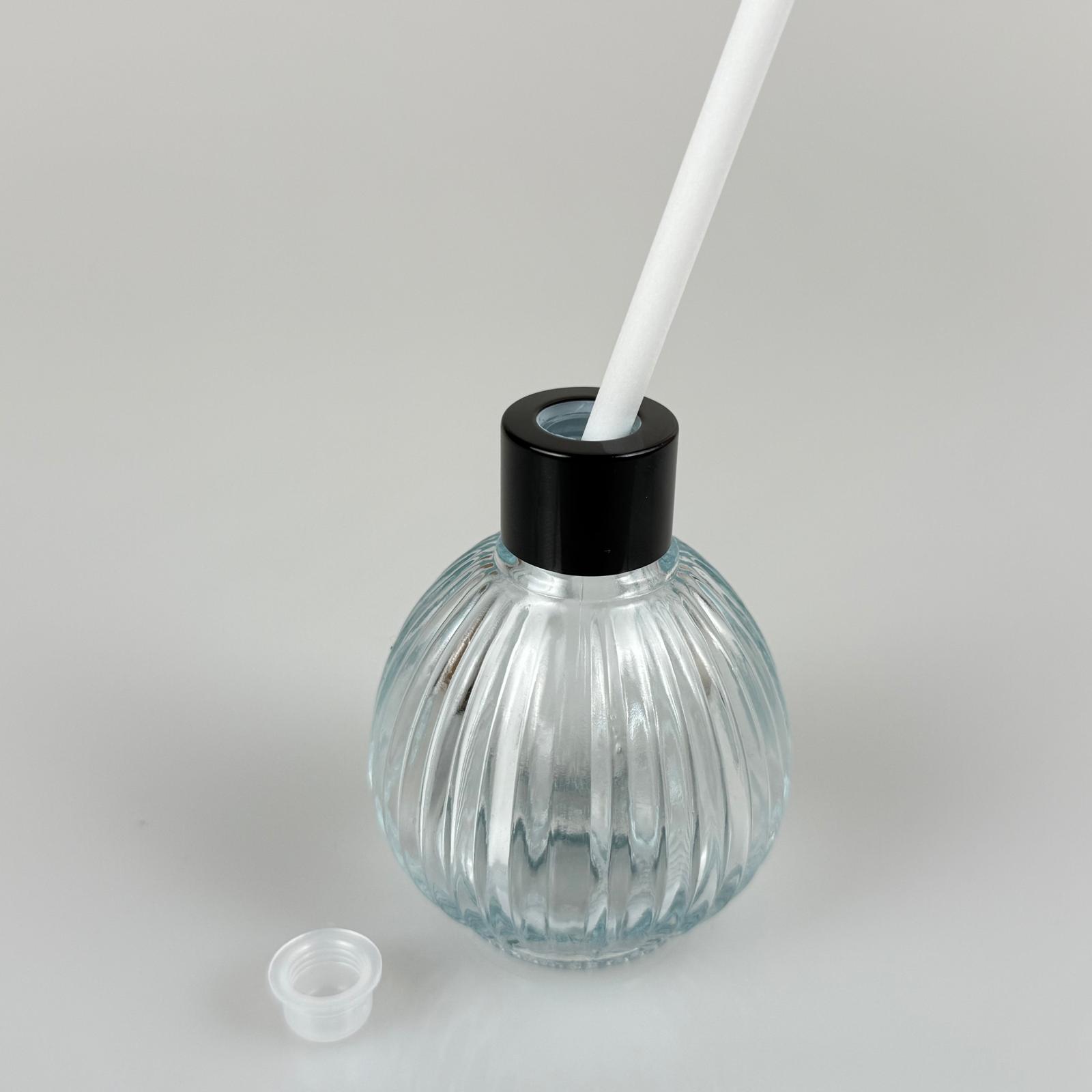 Çizgili Top Model Cam Bambu Oda Kokusu Şişesi + Metal Siyah Kapak + Tıpa + Kalın Beyaz Fiber Bambu Çubuk - 50 Ml Set Takım - Hediyelik Promosyon Diffuser Şişeleri