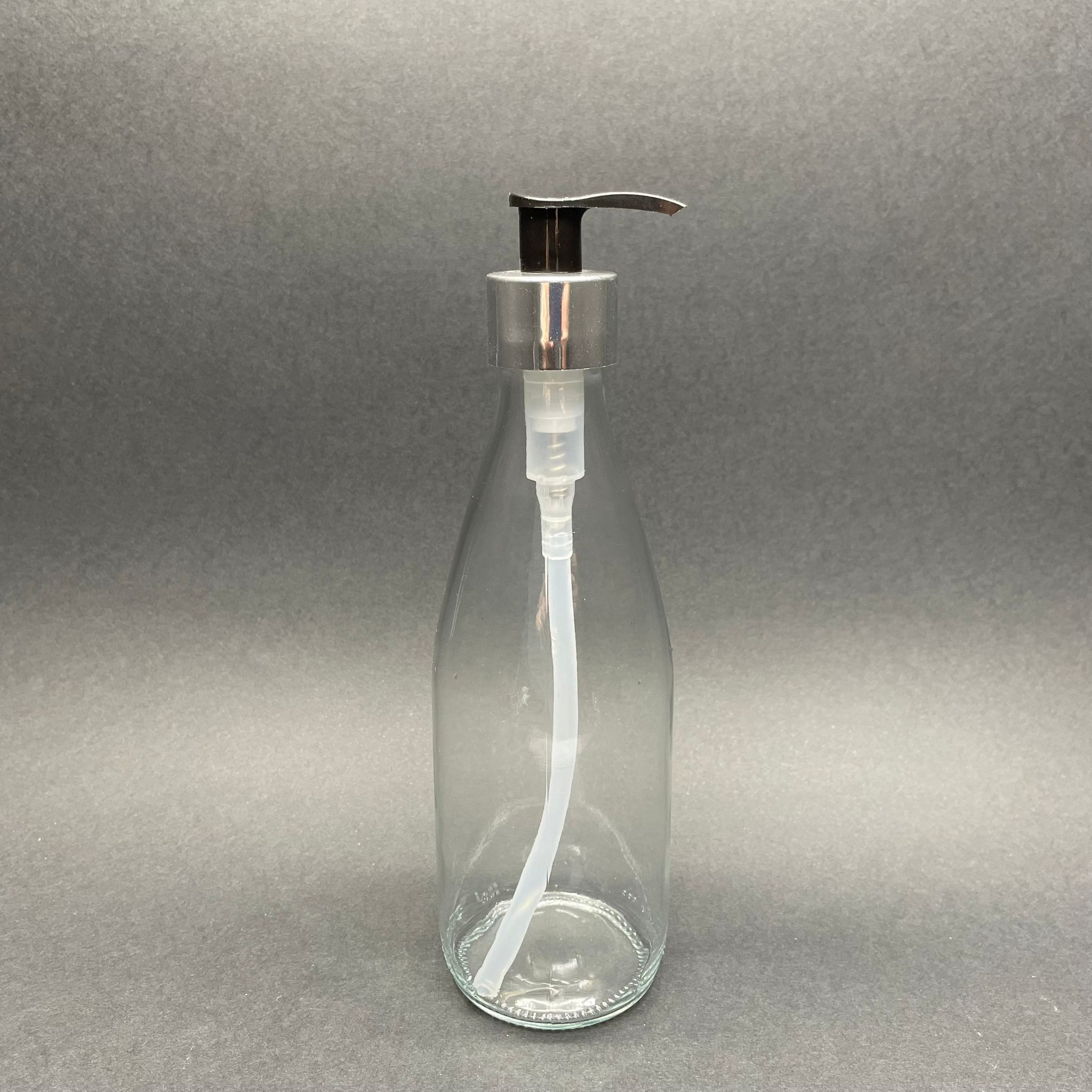 Gümüş Pompalı Cam Şişe - Cam Sıvı Sabun Şişesi - Cam Şampuan, Losyon Şişesi - 330 Ml