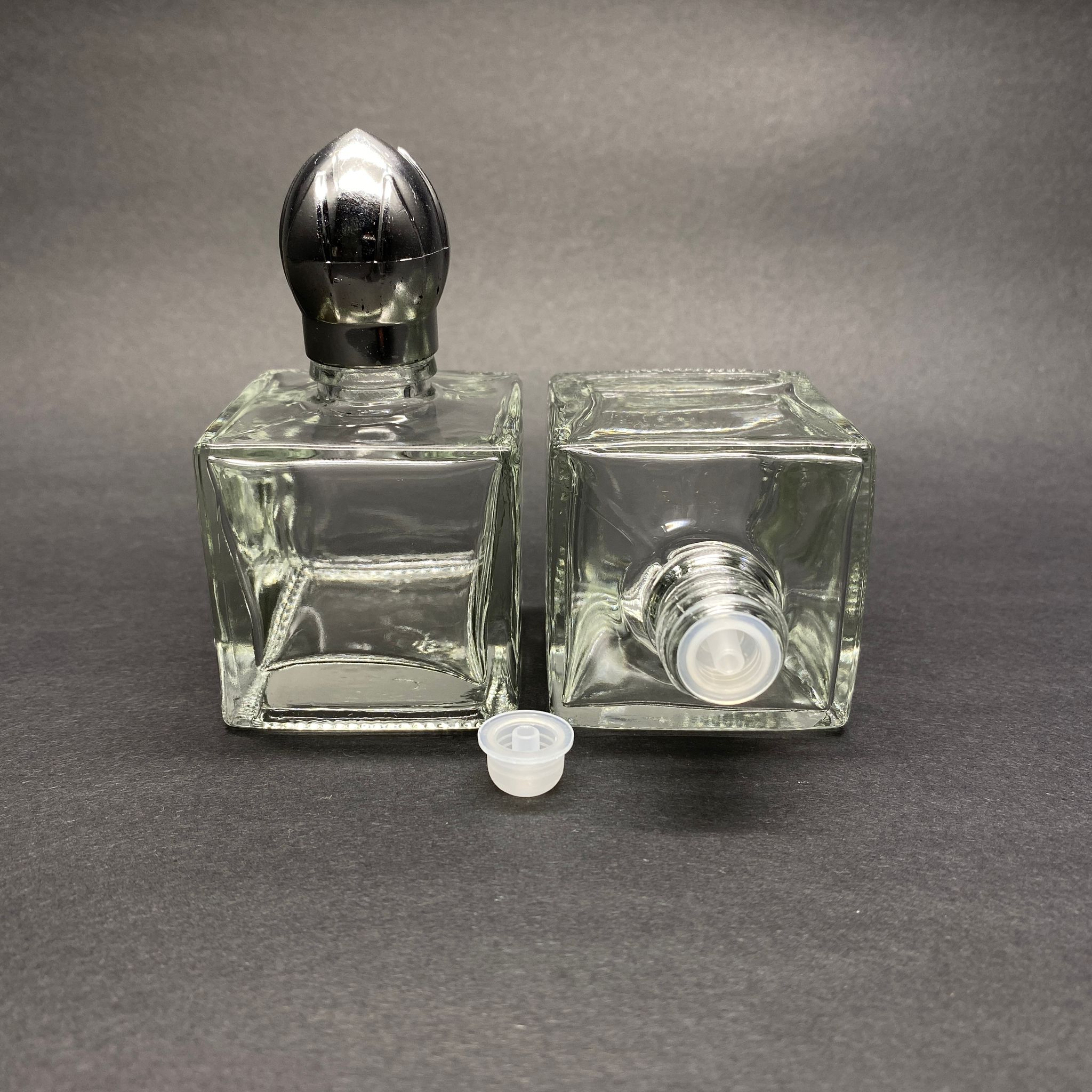 Hediyelik Cam Kolonya Şişesi - 50 Ml Kare Şişe + Gümüş Kral Tacı Kapak + Kolonya Tıpalı Takım