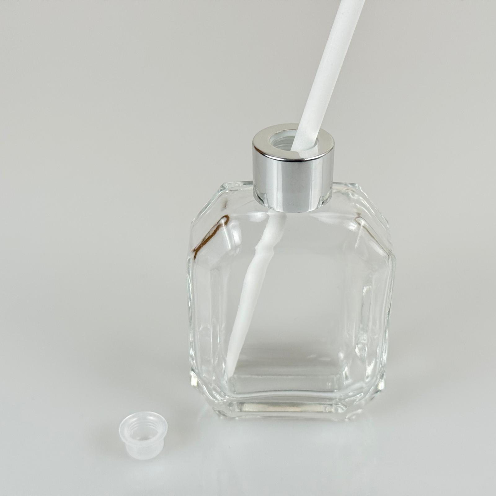 Kazablanka Model Cam Bambu Oda Kokusu Şişesi + Metal Gümüş Kapak + Tıpa + Kalın Beyaz Fiber Bambu Çubuk - 50 Ml Set Takım - Hediyelik Promosyon Diffuser Şişeleri