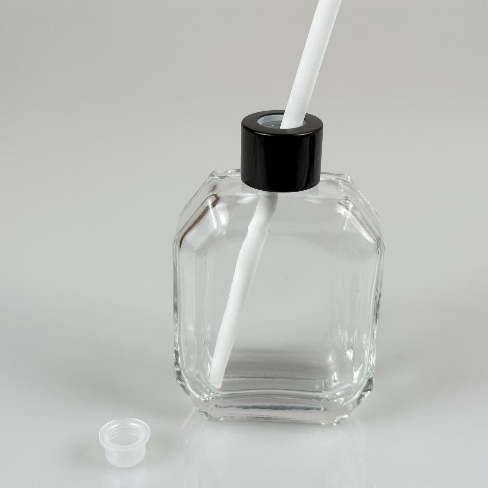 Kazablanka  Model Cam Bambu Oda Kokusu Şişesi + Metal Siyah Kapak + Tıpa + Kalın Beyaz Fiber Bambu Çubuk - 50 Ml Set Takım - Hediyelik Promosyon Diffuser Şişeleri