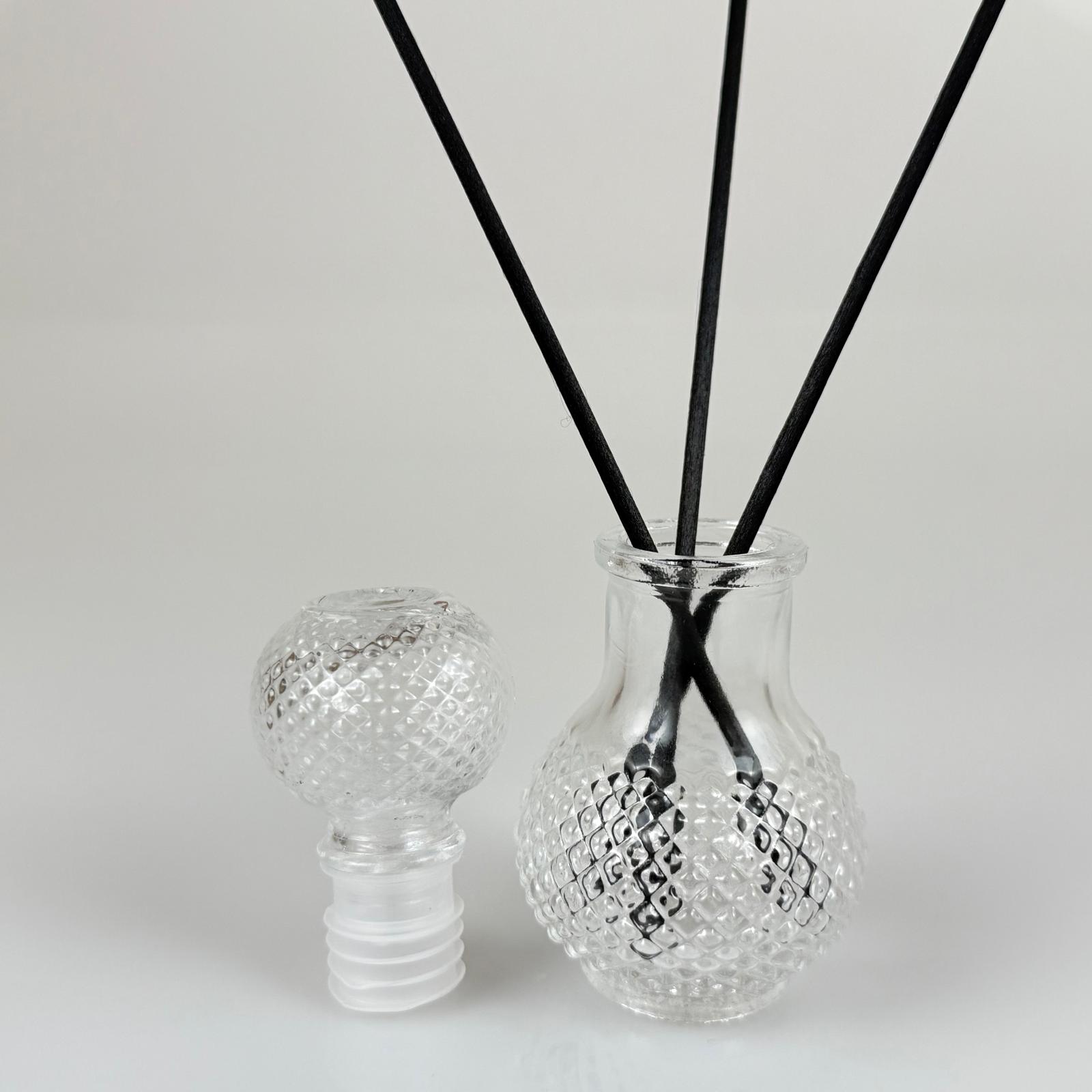 Kristal Noktalı Lüks Model Cam Bambu Oda Kokusu Şişesi + Cam Tıpa + 3 Adet Fiber Bambu Çubuk - 50 Ml Set Takım - Hediyelik Promosyon Lüx Diffuser Şişeleri