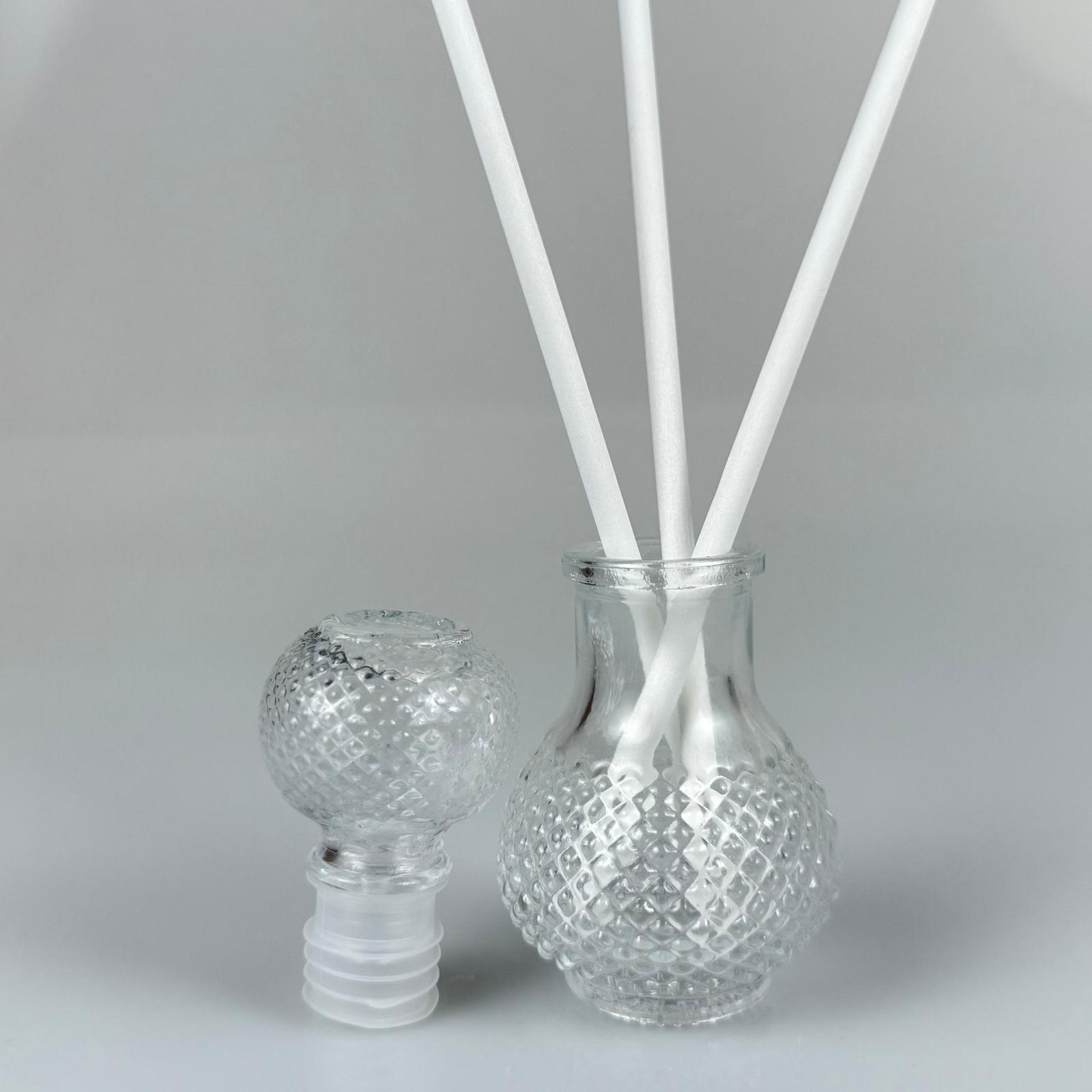 Kristal Noktalı Lüks Model Cam Bambu Oda Kokusu Şişesi + Cam Tıpa + 3 Adet Fiber Beyaz Bambu Çubuk - 50 Ml Set Takım - Hediyelik Promosyon Lüx Diffuser Şişeleri