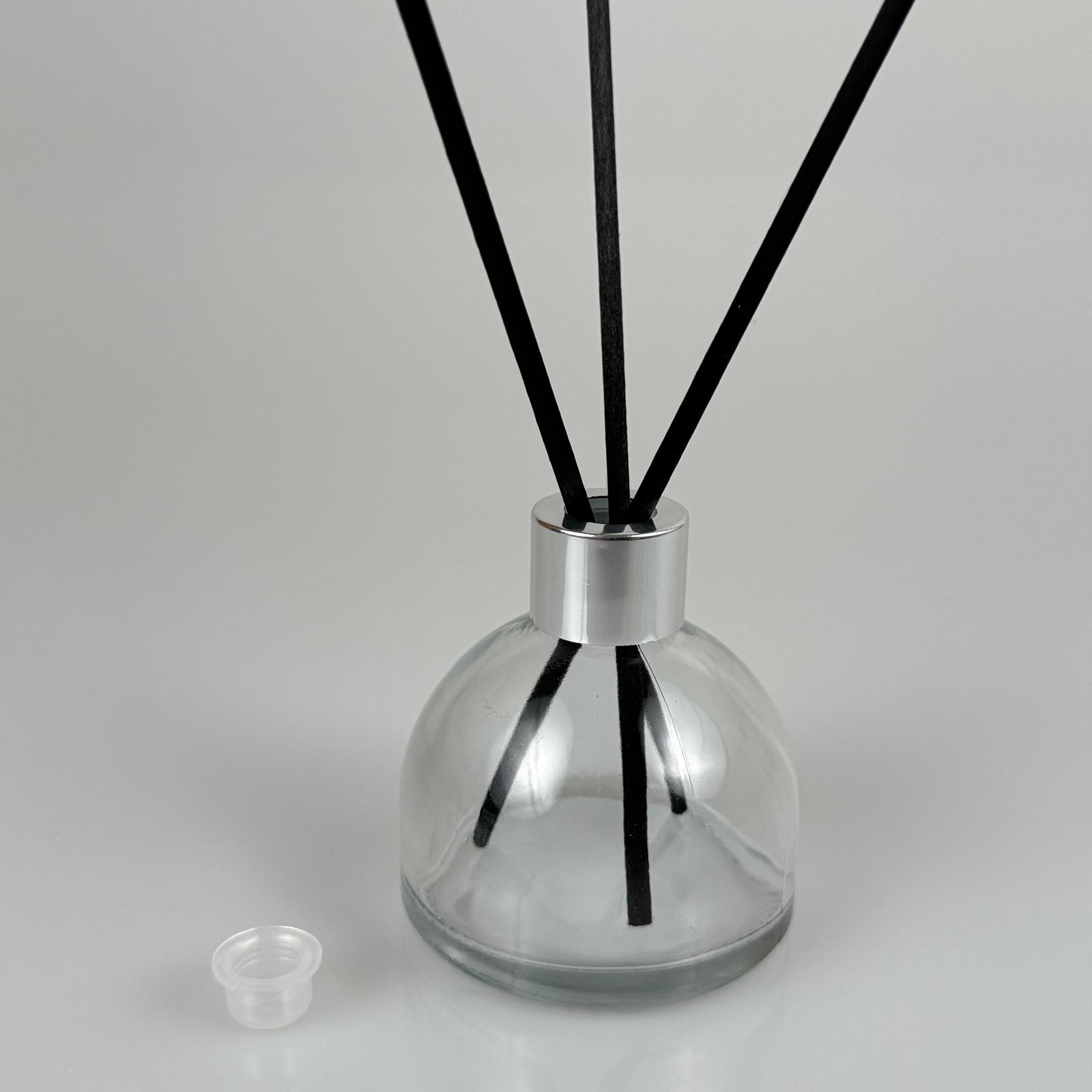 Kubbe Model Cam Bambu Oda Kokusu Şişesi + Metal Gümüş Kapak + Tıpa + 3 Adet Fiber Bambu Çubuk - 50 Ml Set Takım - Hediyelik Promosyon Diffuser Şişeleri