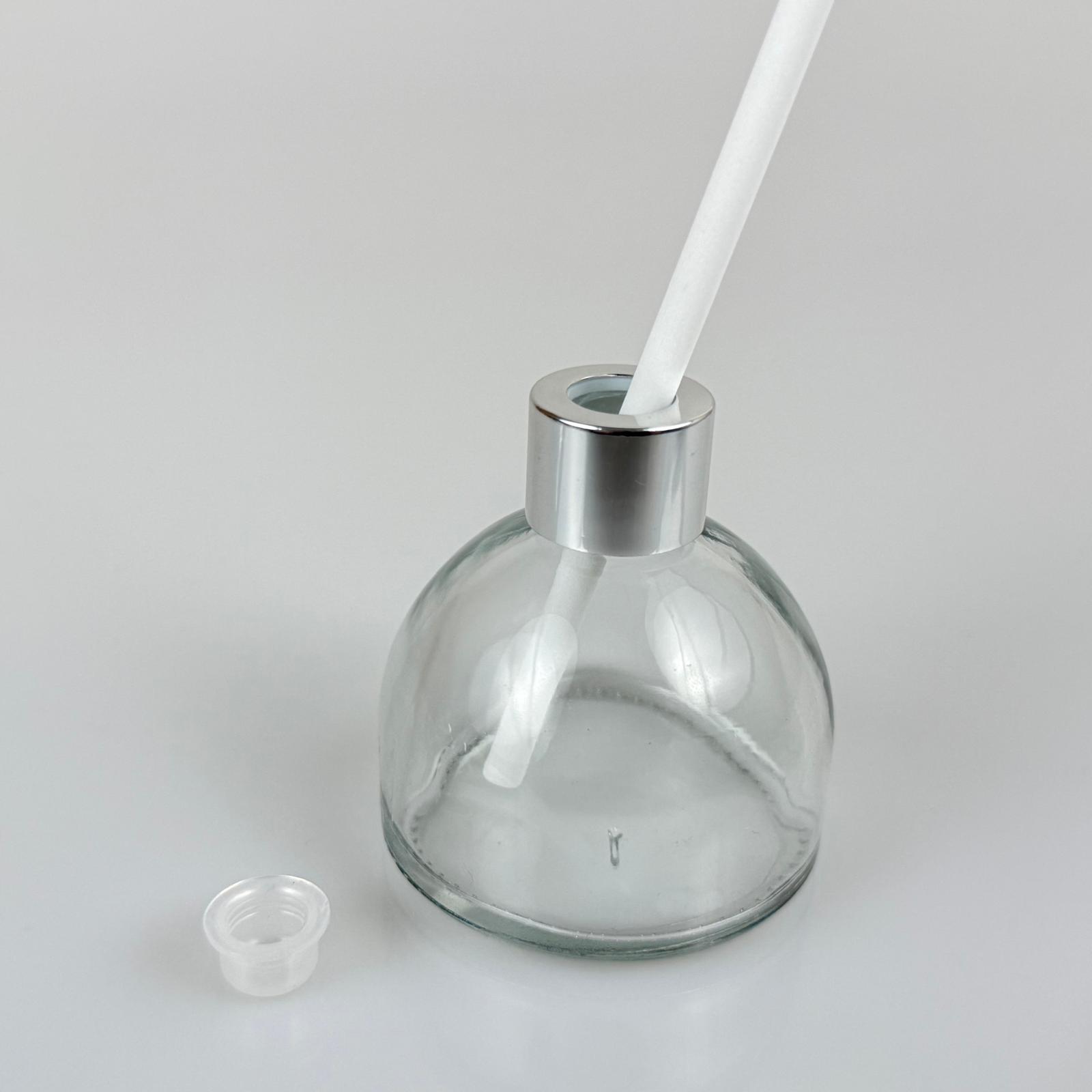 Kubbe Model Cam Bambu Oda Kokusu Şişesi + Metal Gümüş Kapak + Tıpa + Kalın Beyaz Fiber Bambu Çubuk - 50 Ml Set Takım - Hediyelik Promosyon Diffuser Şişeleri