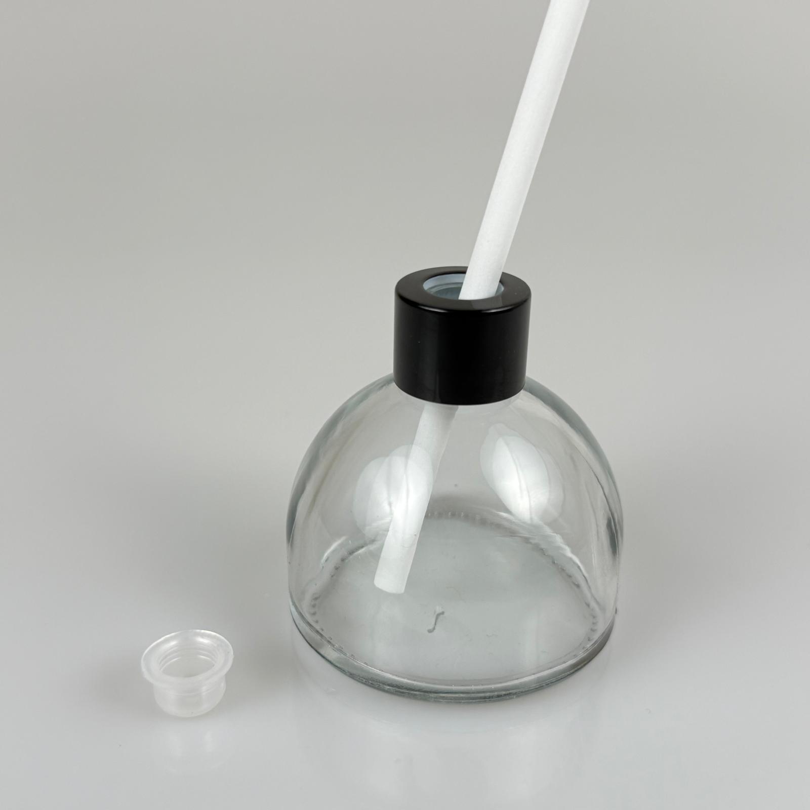 Kubbe Model Cam Bambu Oda Kokusu Şişesi + Metal Siyah Kapak + Tıpa + Kalın Beyaz Fiber Bambu Çubuk - 50 Ml Set Takım - Hediyelik Promosyon Diffuser Şişeleri