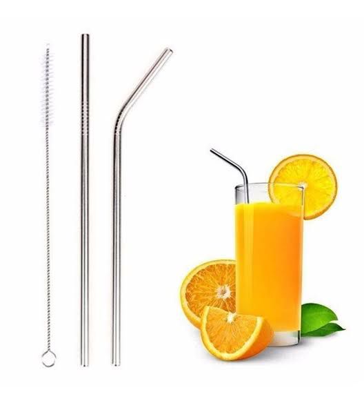 Paslanmaz Çelik Pipet Seti - Fırça + Eğik Pipet + Düz Pipet