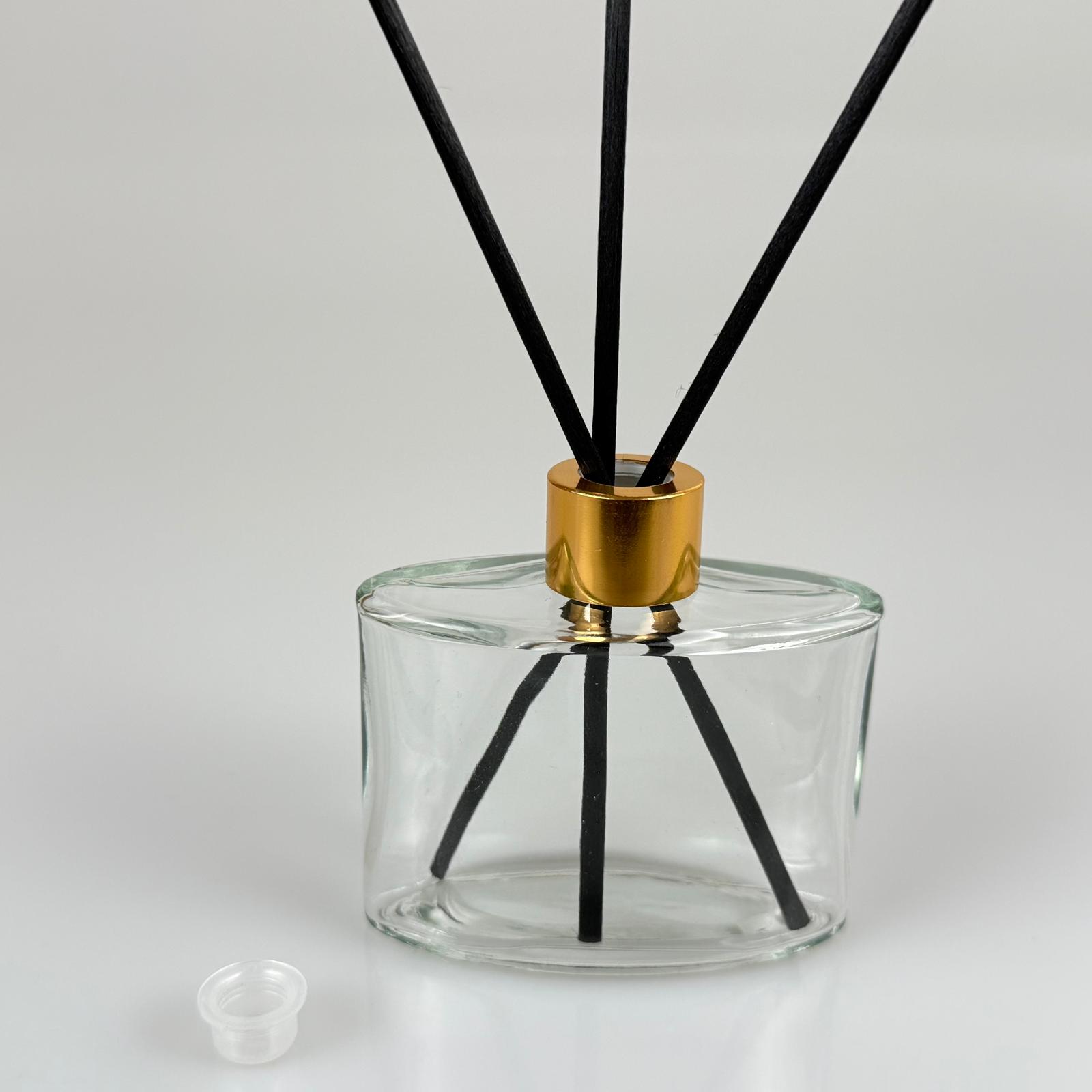 Yassı Model Cam Bambu Oda Kokusu Şişesi + Metal Gold Kapak + Tıpa + 3 Adet Fiber Bambu Çubuk - 50 Ml Set Takım - Hediyelik Promosyon Diffuser Şişeleri