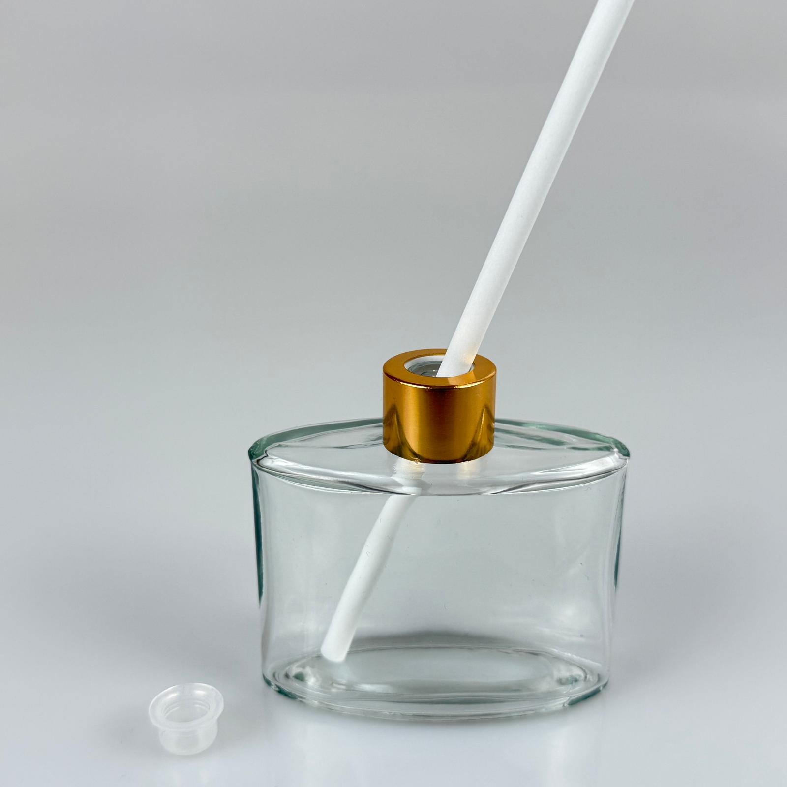 Yassı Model Cam Bambu Oda Kokusu Şişesi + Metal Gold Kapak + Tıpa + Kalın Beyaz Fiber Bambu Çubuk - 50 Ml Set Takım - Hediyelik Promosyon Diffuser Şişeleri