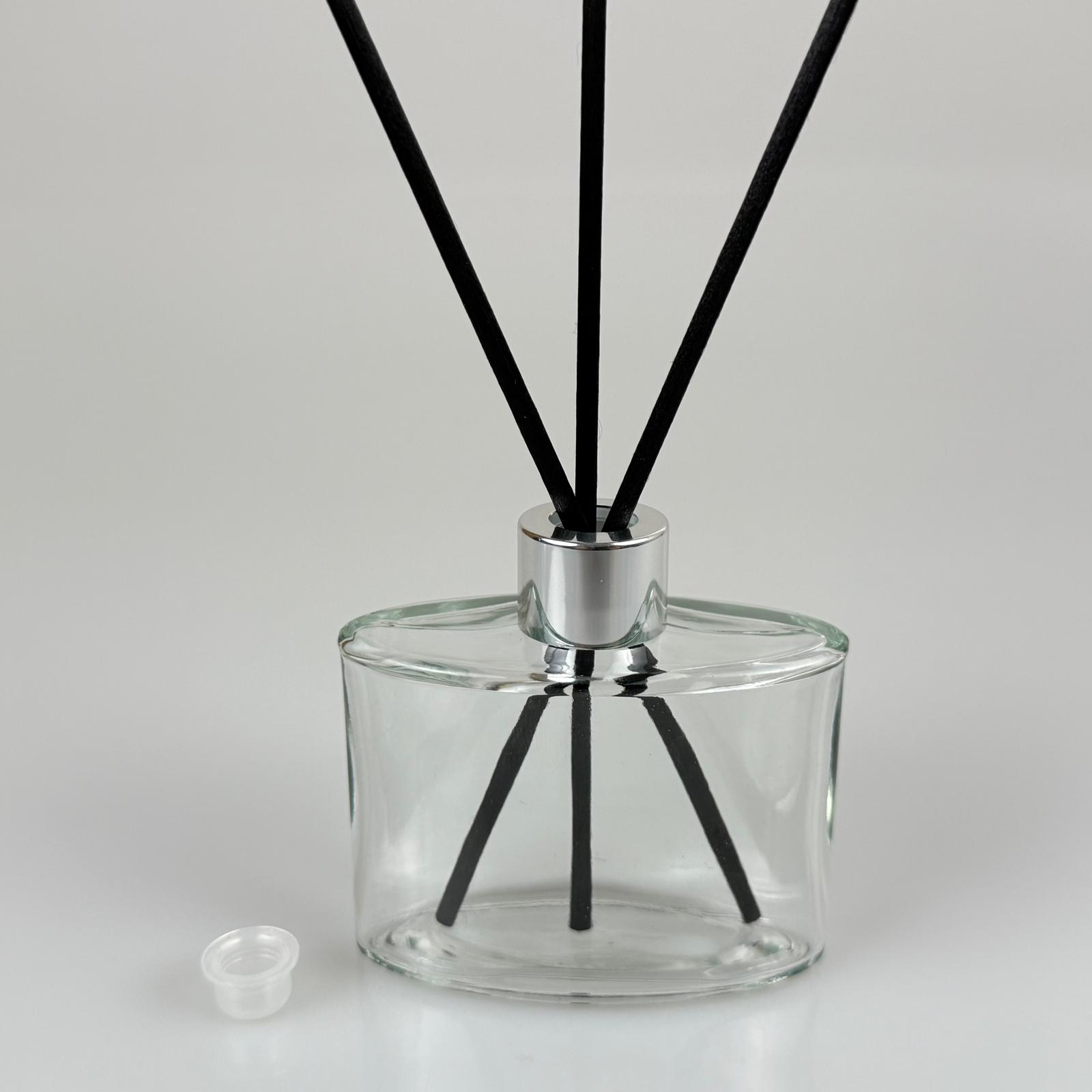 Yassı Model Cam Bambu Oda Kokusu Şişesi + Metal Gümüş Kapak + Tıpa + 3 Adet Fiber Bambu Çubuk - 50 Ml Set Takım - Hediyelik Promosyon Diffuser Şişeleri