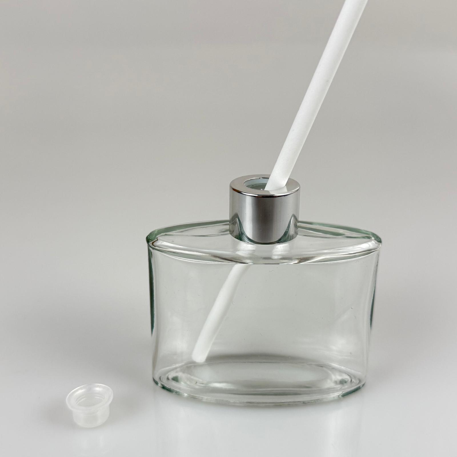 Yassı Model Cam Bambu Oda Kokusu Şişesi + Metal Gümüş Kapak + Tıpa + Kalın Beyaz Fiber Bambu Çubuk - 50 Ml Set Takım - Hediyelik Promosyon Diffuser Şişeleri