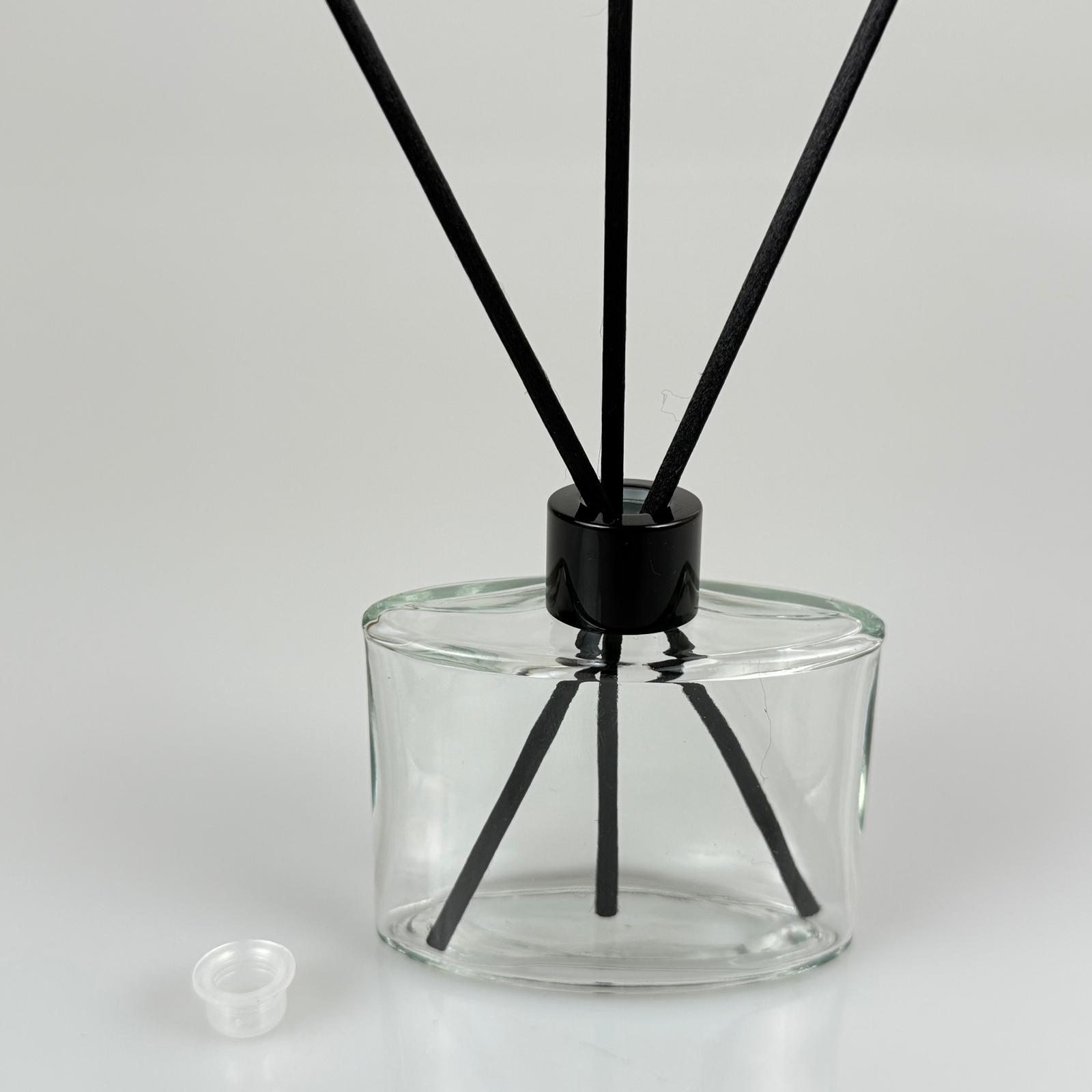Yassı Model Cam Bambu Oda Kokusu Şişesi + Metal Siyah Kapak + Tıpa + 3 Adet Fiber Bambu Çubuk - 50 Ml Set Takım - Hediyelik Promosyon Diffuser Şişeleri