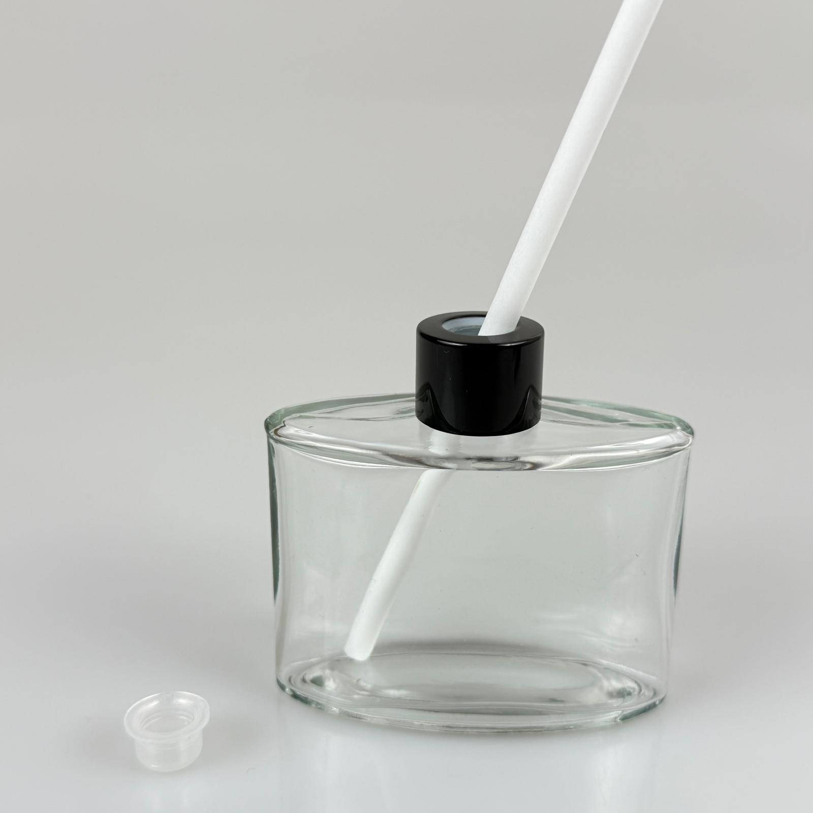 Yassı Model Cam Bambu Oda Kokusu Şişesi + Metal Siyah Kapak + Tıpa + Kalın Beyaz Fiber Bambu Çubuk - 50 Ml Set Takım - Hediyelik Promosyon Diffuser Şişeleri