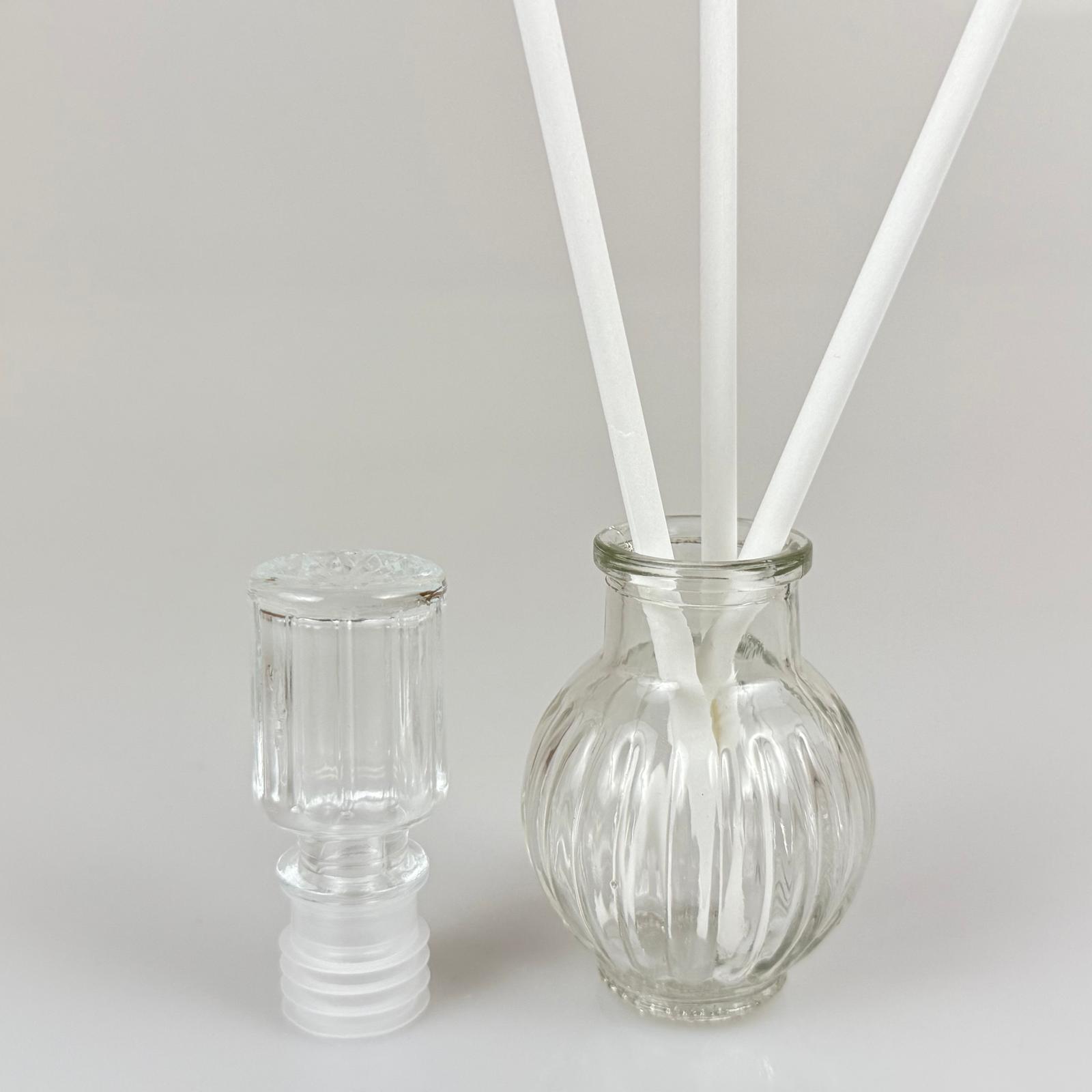 Yuvarlak  Lüks Model Cam Bambu Oda Kokusu Şişesi + Cam Tıpa + 3 Adet Fiber Beyaz Bambu Çubuk - 50 Ml Set Takım - Hediyelik Promosyon Lüx Diffuser Şişeleri